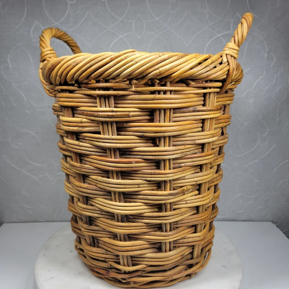 Handmade Woven Wicker Stick Basket Large Rustic Storage Handles Farmhouse Decor